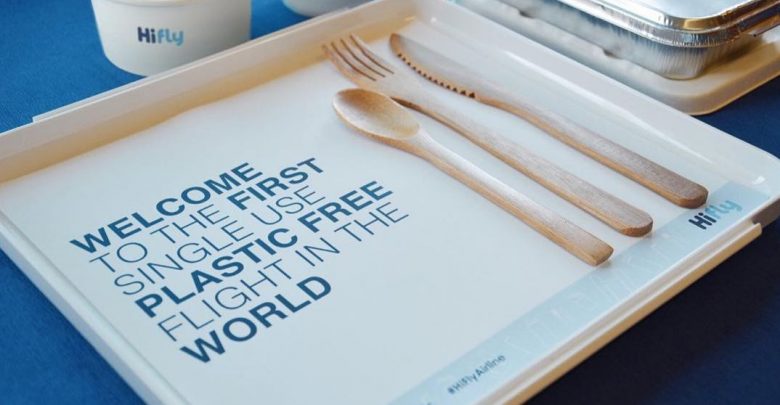 first plastic-free flight Hi Fly airline single use waste